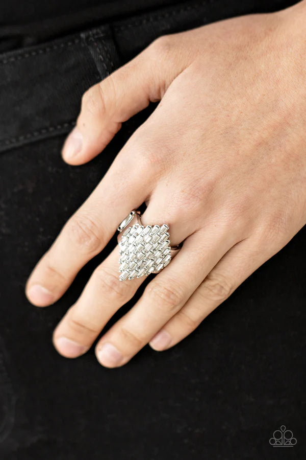 Hive Hustle - Oversized White Emerald Cut Honeycomb Encrusted Studded Ring R#1182