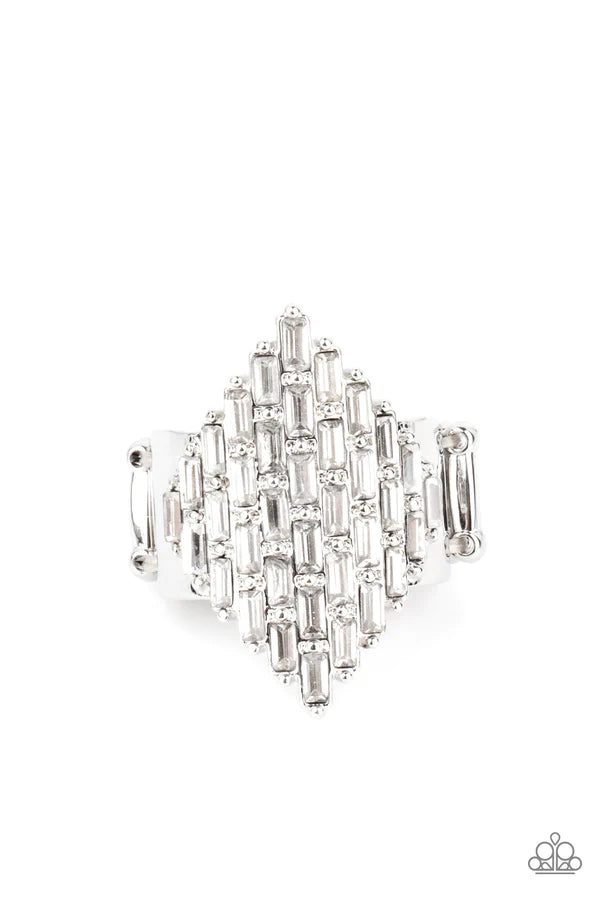 Hive Hustle - Oversized White Emerald Cut Honeycomb Encrusted Studded Ring R#1182