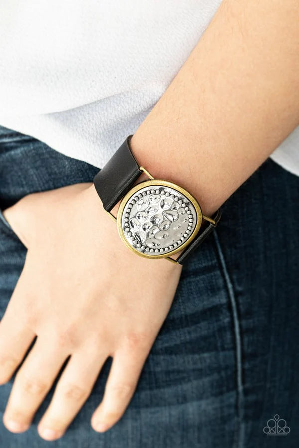 Hold On To Your Buckle - Oversized Black/Brass/Silver Rustic Buckle Leather Wrap Adjustable Snap Closure Bracelet B#036