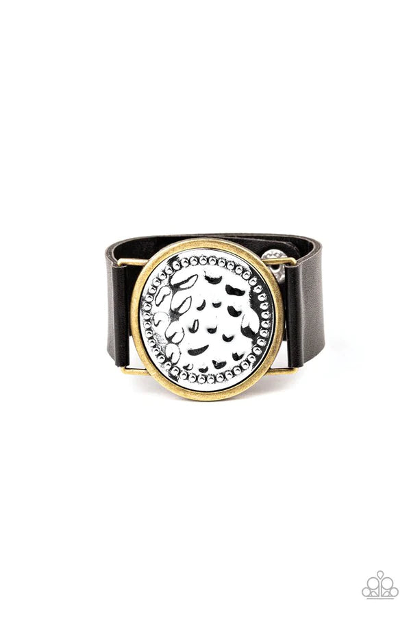 Hold On To Your Buckle - Oversized Black/Brass/Silver Rustic Buckle Leather Wrap Adjustable Snap Closure Bracelet B#036