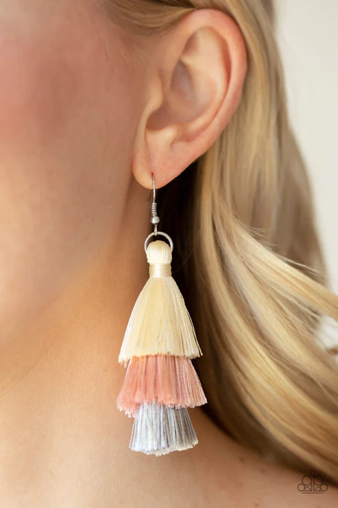 Hold On To Your Tassel! - Oversized Pink (White/Pink/Gray) 3-Tiered Thread Tassel Earrings E#2383