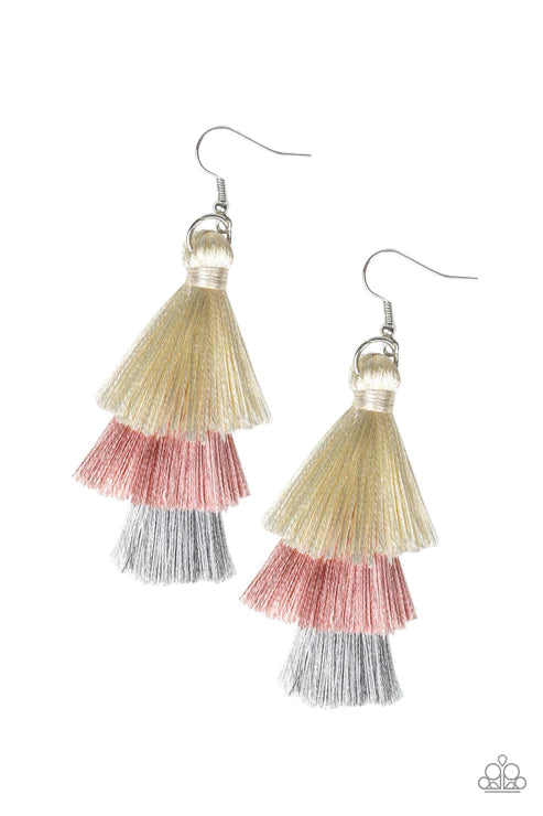 Hold On To Your Tassel! - Oversized Pink (White/Pink/Gray) 3-Tiered Thread Tassel Earrings E#2383