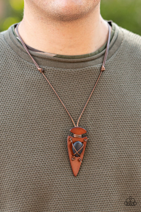Hold Your ARROWHEAD Up High - Oversized Black/Brown 3D Arrowhead Knotted Crisscross Stone Accent Leather Sliding Knot Closure Urban Necklace N#1733
