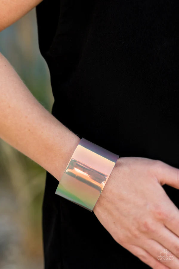 Holographic Aura - Oversized Multi Holographic Shimmer Thick Multicolored Acrylic Retro Cuff Bracelet B#1263