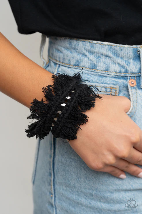 Homespun Hardware - Oversized Black Airy Macramé Knotted Fringe Cuff Bracelet B#2061