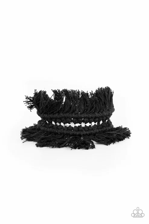 Homespun Hardware - Oversized Black Airy Macramé Knotted Fringe Cuff Bracelet B#2061