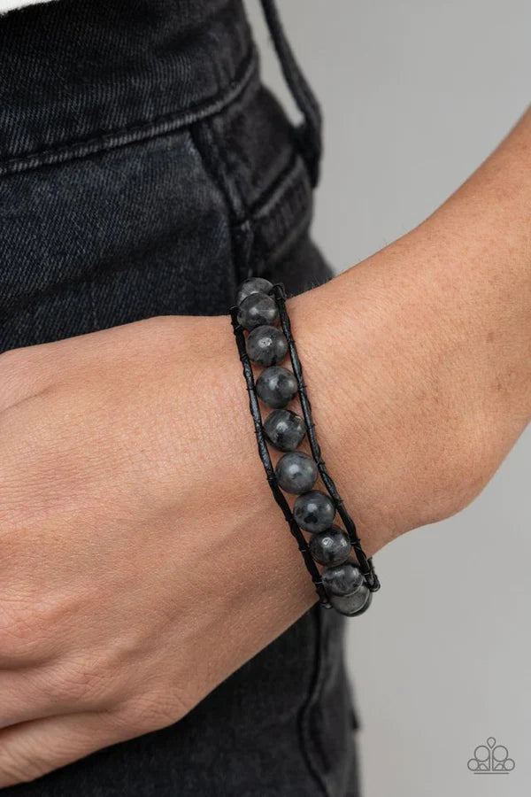 Homespun Stones - Black Embossed Star Button Speckled Stone Cord Button Loop Bracelet B#806