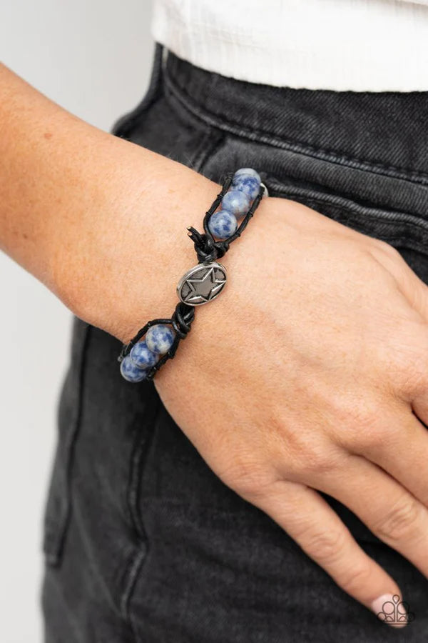 Homespun Stones - Blue Embossed Star Button Speckled Stone Cord Button Loop Bracelet B#361