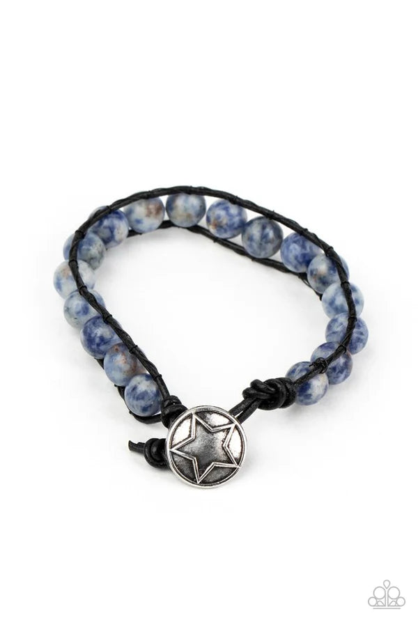 Homespun Stones - Blue Embossed Star Button Speckled Stone Cord Button Loop Bracelet B#361