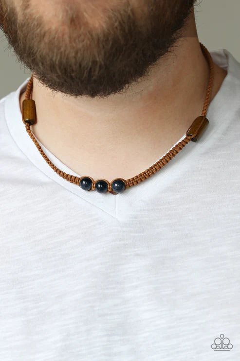Honolulu Hustler - Blue Glassy Wood Knotted Braided Cord Accent Button Loop Closure Urban Necklace N#2028
