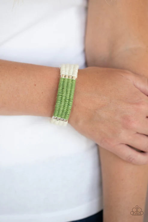 Hot Cross BUNGEE - Green/White Metallic Twine Knotted Cord Sliding Knot Urban Bracelet B#1569