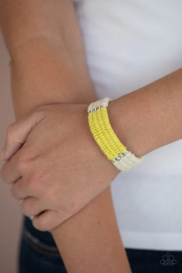 Hot Cross BUNGEE - Yellow/White Metallic Twine Knotted Cord Sliding Knot Urban Bracelet B#418