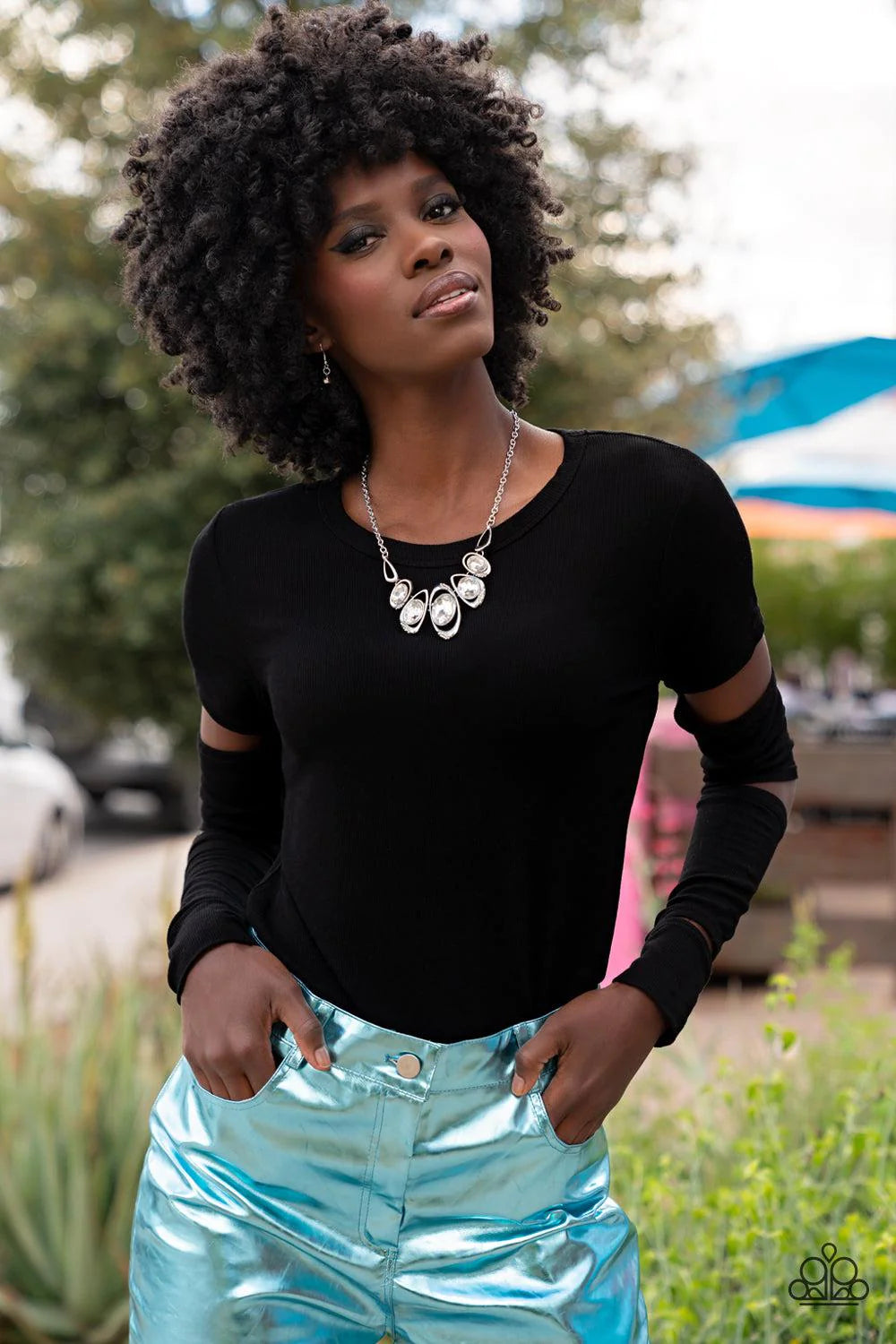Hypnotic Twinkle - Oversized White Hypnotizing Asymmetrical Curl Mismatched Dusted Encrusted Necklace N#201