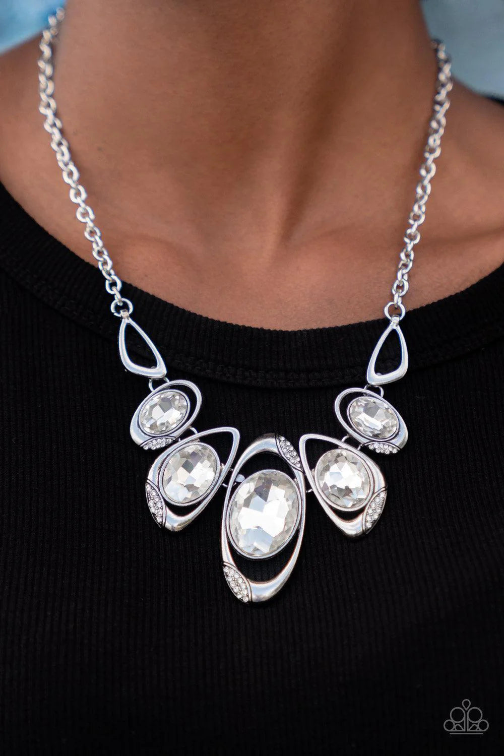 Hypnotic Twinkle - Oversized White Hypnotizing Asymmetrical Curl Mismatched Dusted Encrusted Necklace N#201