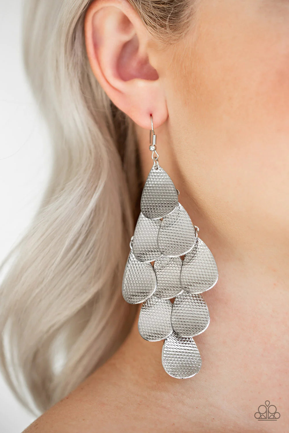 Iconic Illumination - Oversized Silver Embossed Tactile Flared Netted Teardrop Fringe Earrings E#1311