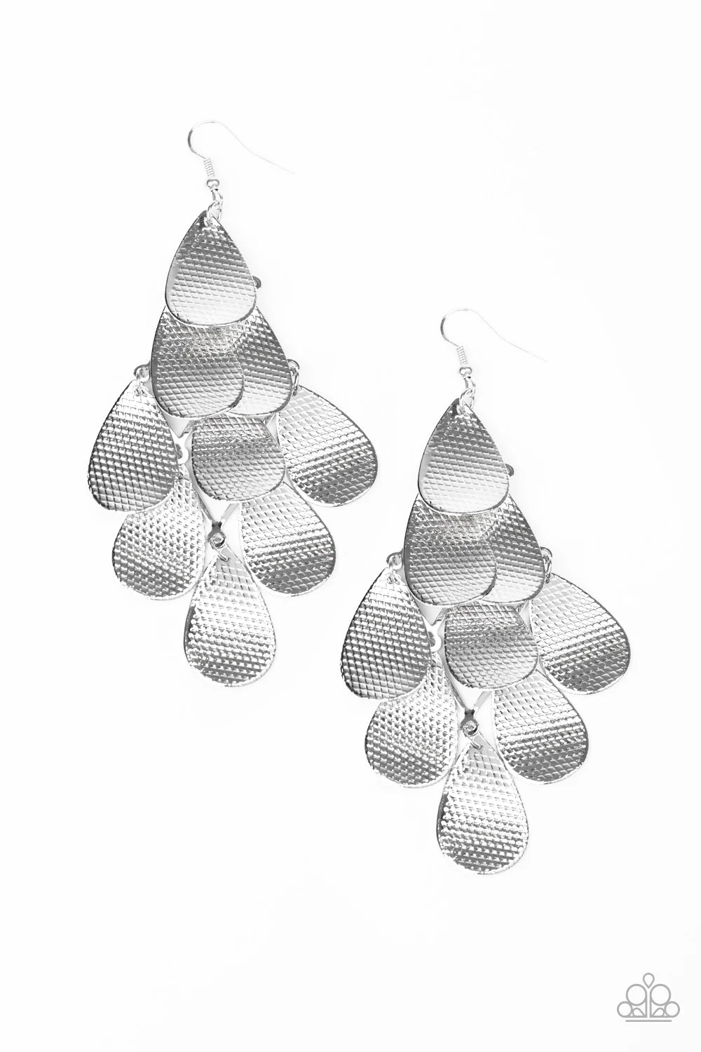Iconic Illumination - Oversized Silver Embossed Tactile Flared Netted Teardrop Fringe Earrings E#1311