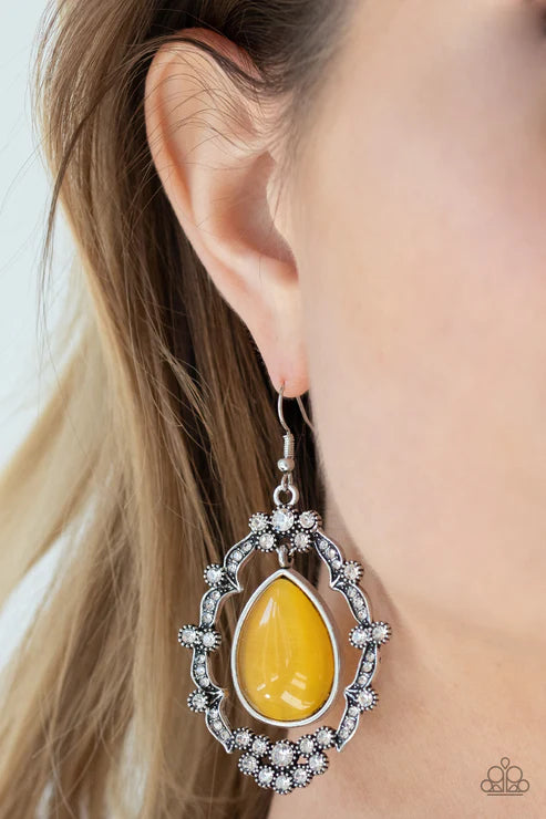 Icy Eden - Oversized Yellow Ornate Cat's Eye Moonstone Encrusted Teardrop Lure Earrings E#2213