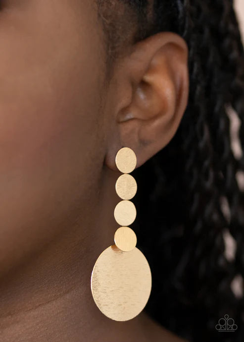 Idolized Illumination - Oversized Gold Scratched Surface Gold Discs Connects To A Large Gold Disc Bold Display Earrings E#2668