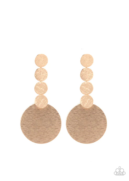 Idolized Illumination - Oversized Gold Scratched Surface Gold Discs Connects To A Large Gold Disc Bold Display Earrings E#2668