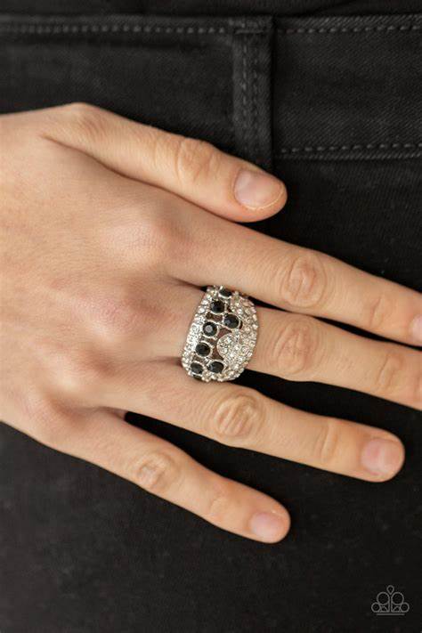Imperial Incandescence - Oversized Black Encased Silver Fittings Cluster Black Encrusted Coalesce Airy Haphazard White Encrusted Modern Fashion Ring R#1183