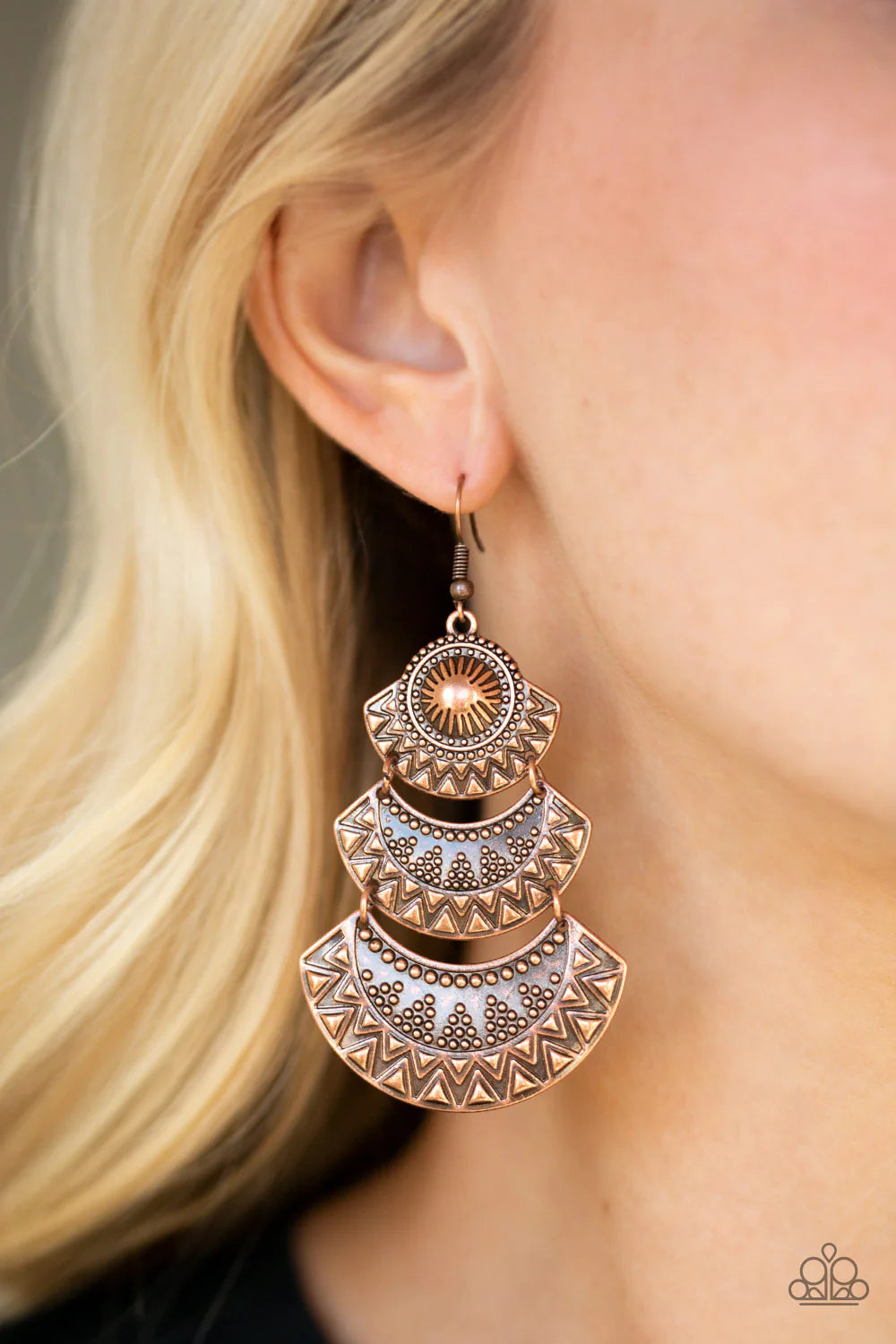 Impressively Empress - Oversized Copper Dotted/Embossed Triangular Plate Tribal Earrings E#1273