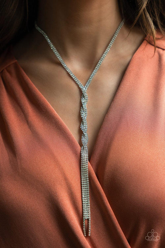 Impressively Icy - Oversized White Icy Encrusted Twisted Ribbon Loop Tassel Necklace N#980