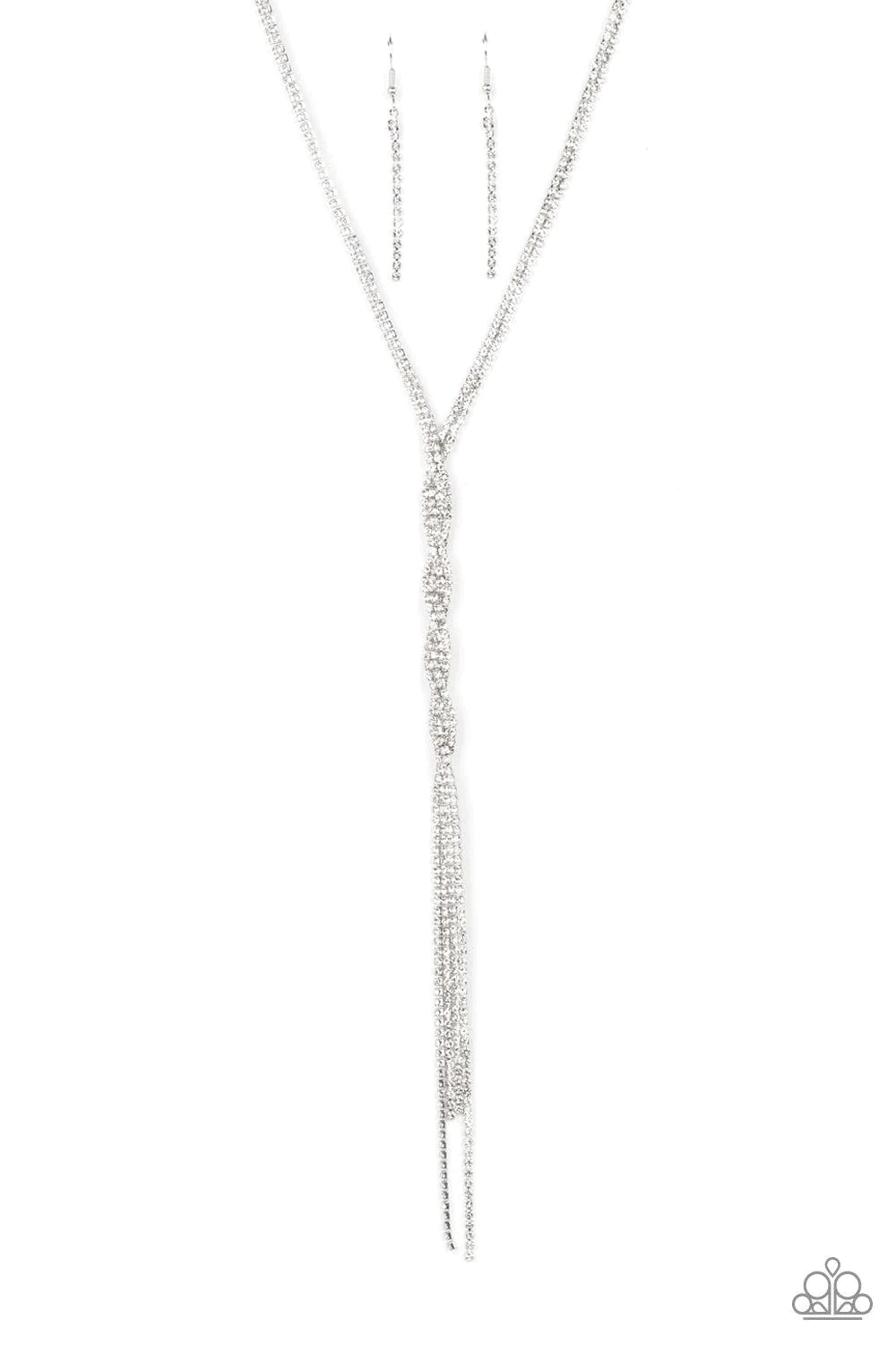 Impressively Icy - Oversized White Icy Encrusted Twisted Ribbon Loop Tassel Necklace N#980