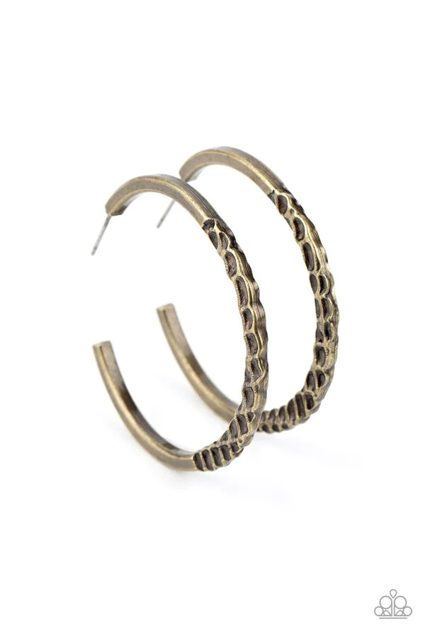 Imprinted Intensity - Oversized Brass Dramatically Hammered Gritty Texture Intense Industrial Hoop Earrings E#975