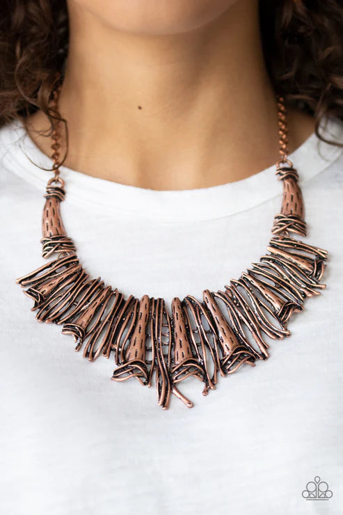 In The MANE-stream - Oversized Copper Abstract Collision Hammered Bar Accent industrial Necklace N#1619