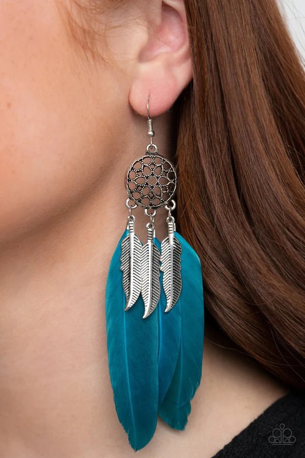 In Your Wildest DREAM-CATCHERS - Oversized Blue Antiqued Feathers/Feathers Charm Wildly Dream-Catcher Ornate Earrings E#1463