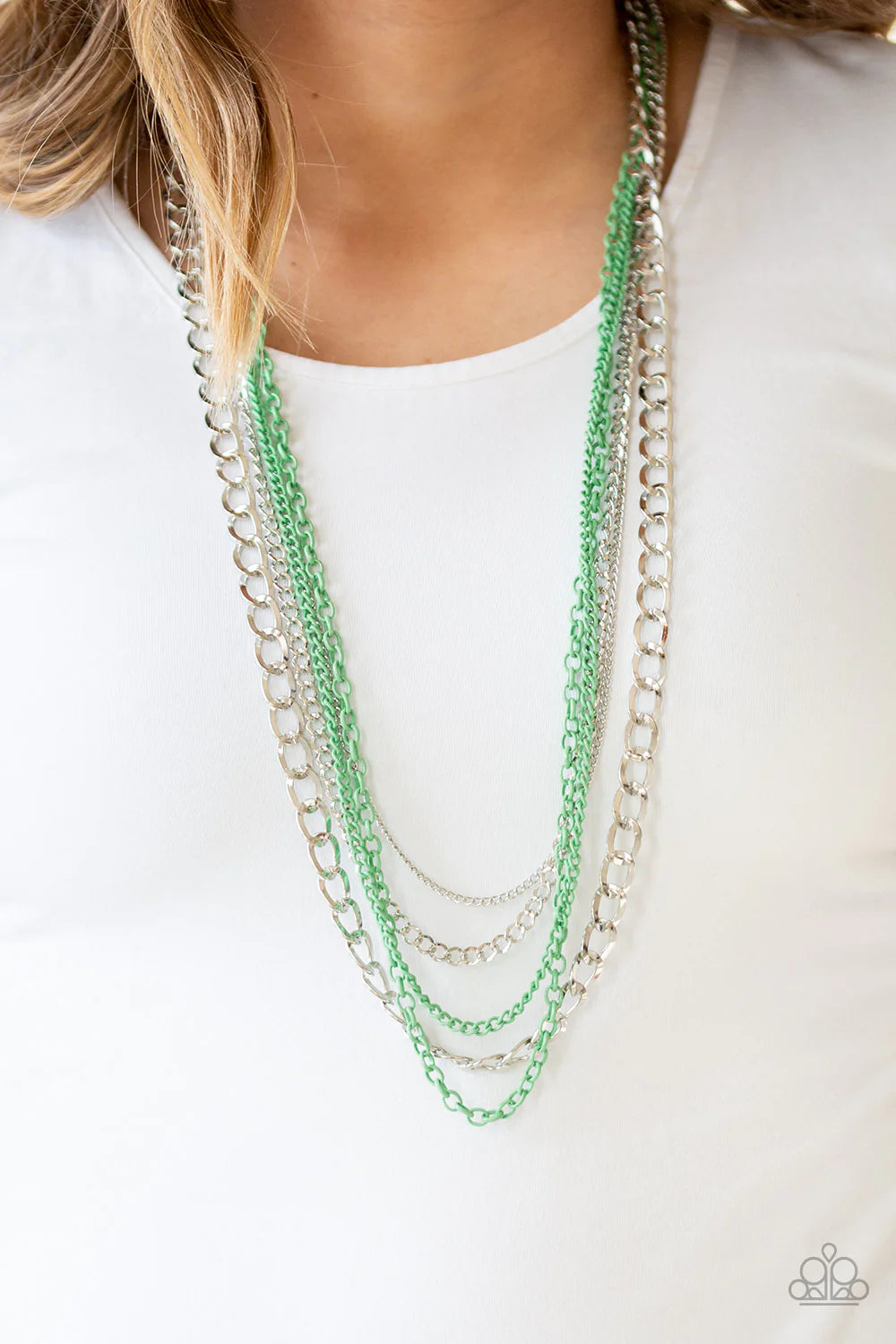 Industrial Vibrance - Vibrant Green/Silver Collision Mismatched Layer Chains Industrial Necklace N#281