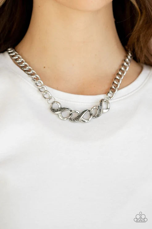 Infinite Impact - Oversized Silver Hematite Encrusted Trio Interlinked Infinity Charm Industrial Necklace N#2481