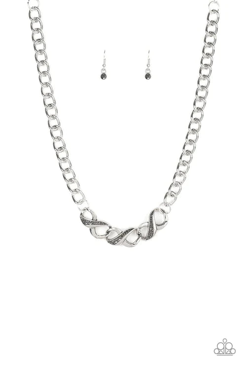 Infinite Impact - Oversized Silver Hematite Encrusted Trio Interlinked Infinity Charm Industrial Necklace N#2481