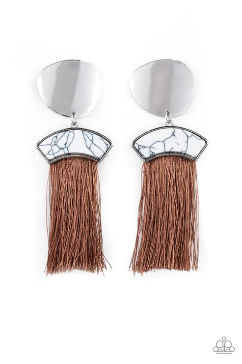 Insta Inca - Oversized Silver/Brown Asymmetrical Disc Stone Plume Tassel Streams Earrings E#1813