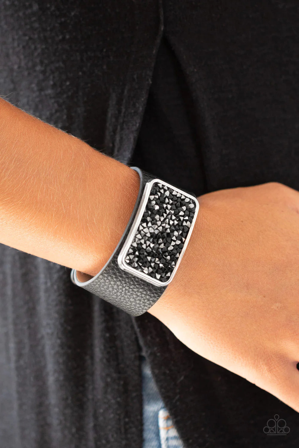 Interstellar Shimmer - Black/Hematite Rectangular Encrusted Studded Collision Leather Bracelet B#907