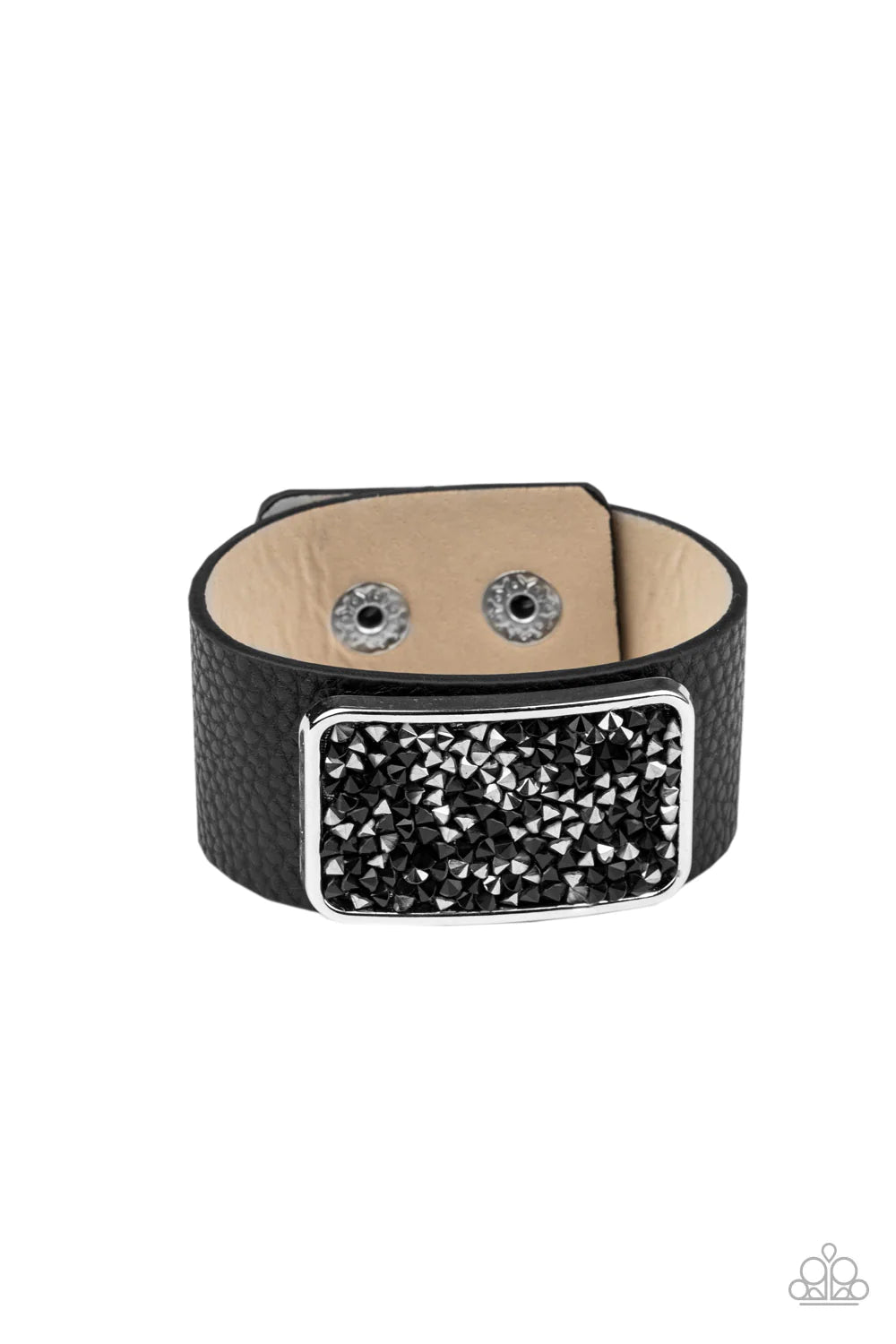 Interstellar Shimmer - Black/Hematite Rectangular Encrusted Studded Collision Leather Bracelet B#907