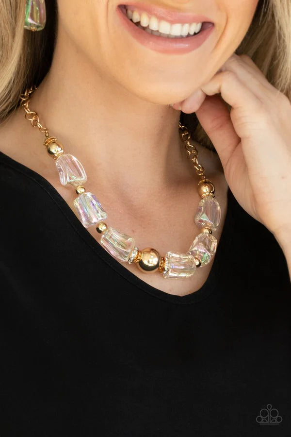 Iridescently Ice Queen - Oversized Gold Glassy Iridescent (Glacial Catches/Reflects Light) Mismatched Asymmetrical Scalloped Encrusted Accent Rings Necklace N#884