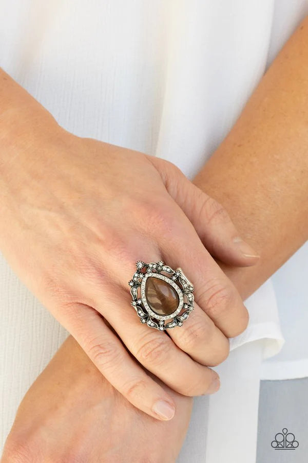 Iridescently Icy - Oversized Brown Dotted White Encrusted Leafy Frames Nestle Cat's Eye Moonstone Teardrop Center Regal Centerpiece Ring R#822