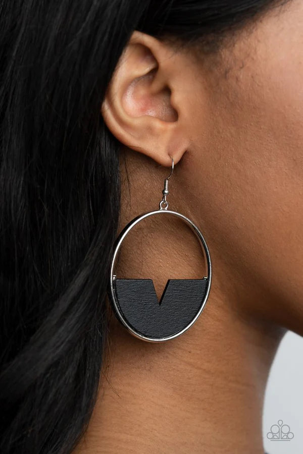 Island Breeze - Oversized Black Triangular Cut Crescent Wooden Retro Lure Hoop Earrings E#857
