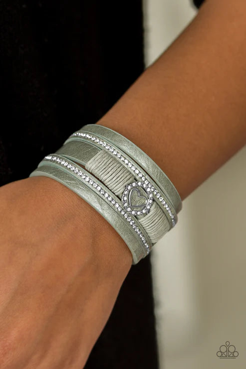 It Takes Heart - Green Spliced Metallic Shimmer 3D Heart Encrusted Knotted Cord Leather Bracelet B#1703