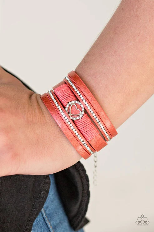 It Takes Heart - Orange (Coral) Spliced Metallic Shimmer 3D Heart Encrusted Knotted Cord Leather Bracelet  B#1701