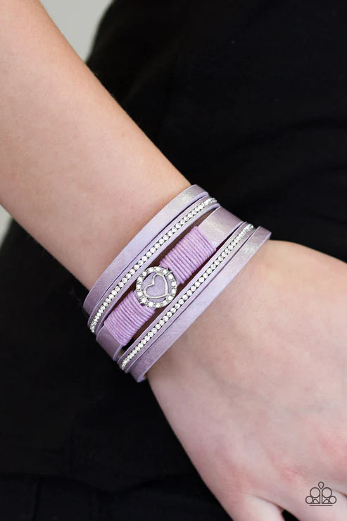 It Takes Heart - Purple Spliced Metallic Shimmer 3D Heart Encrusted Knotted Cord Leather Bracelet B#1702