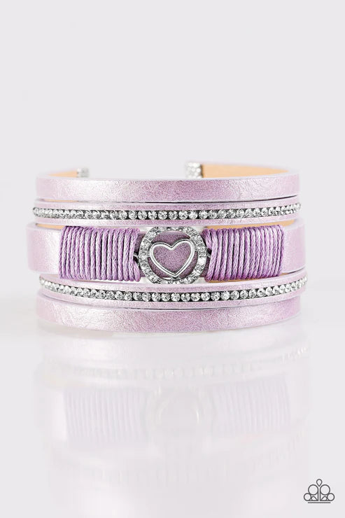 It Takes Heart - Purple Spliced Metallic Shimmer 3D Heart Encrusted Knotted Cord Leather Bracelet B#1702