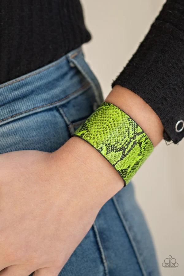 Its a Jungle Out There - Neon Green Python Print Leather Wrap Wild Look Adjustable Snap Closure Bracelet B#118