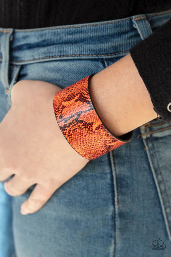 Its a Jungle Out There - Neon Orange Python Print Leather Wrap Wild Look Adjustable Snap Closure Bracelet B#145