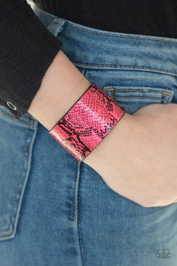 Its a Jungle Out There - Neon Pink Python Print Leather Wrap Wild Look Adjustable Snap Closure Bracelet B#963