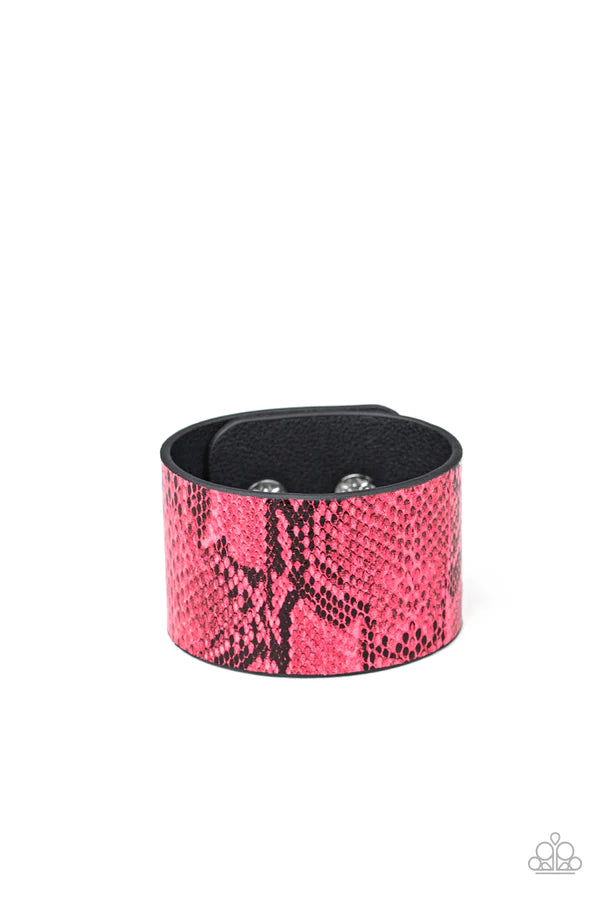 Its a Jungle Out There - Neon Pink Python Print Leather Wrap Wild Look Adjustable Snap Closure Bracelet B#963