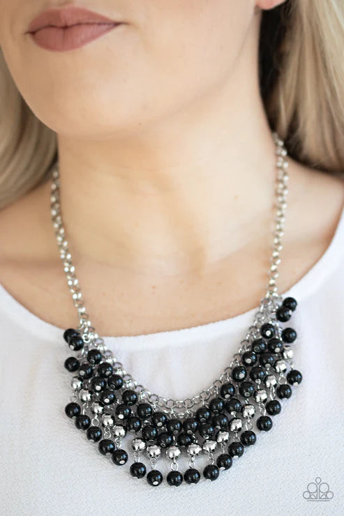 Jubilant Jingle - Black Interlocked Chains Stacked Fringe Necklace N#1670