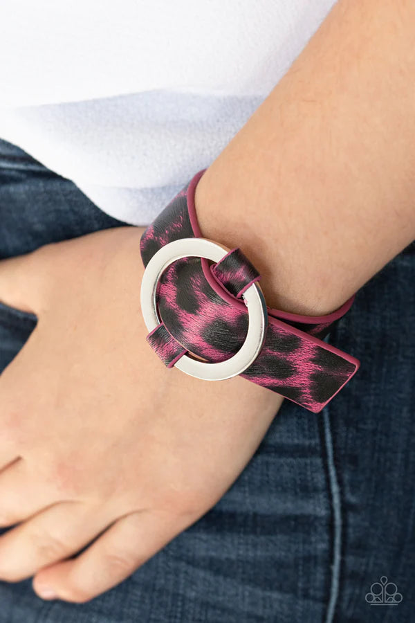 Jungle Cat Couture - Pink Cheetah Pattern Textured Leather Loops Through The Center Silver Hoop Adjustable Belt Loop Closure Bracelet B#276