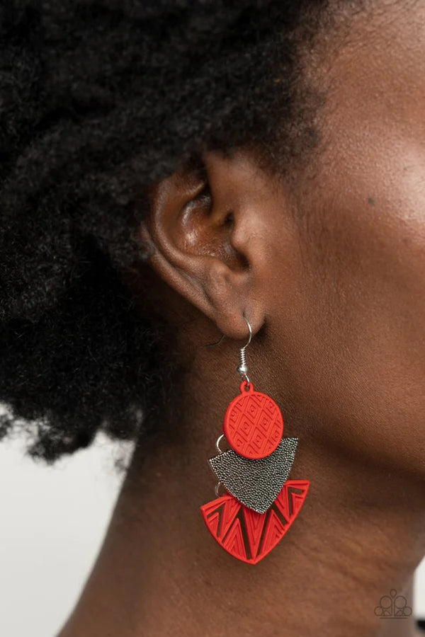 Jurassic Juxtaposition - Oversized Fiery Red Matte Textured Flank Studded Connected Jurassic Tribal Earrings E#088